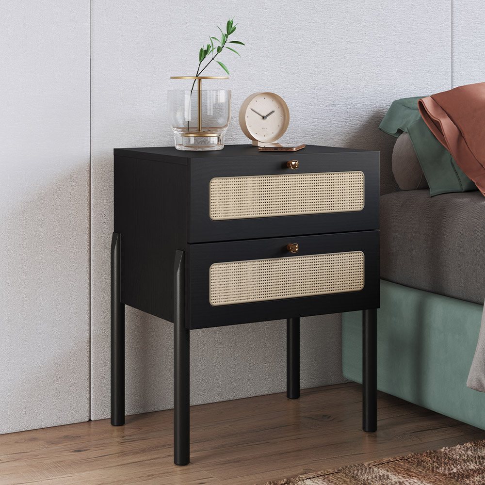 Mesa de Cabeceira 02 Gavetas com Telinha Pés Madeira Moss A03 Nero Preto - Lyam Decor