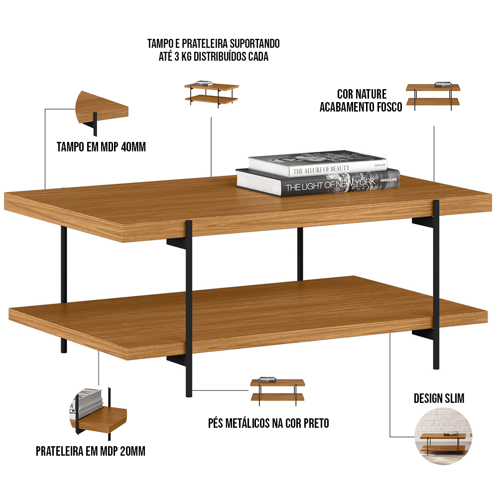 Mesa de Centro Decorativo Para Sala de Estar Industrial Moric L05 Nature Preto - Lyam Decor