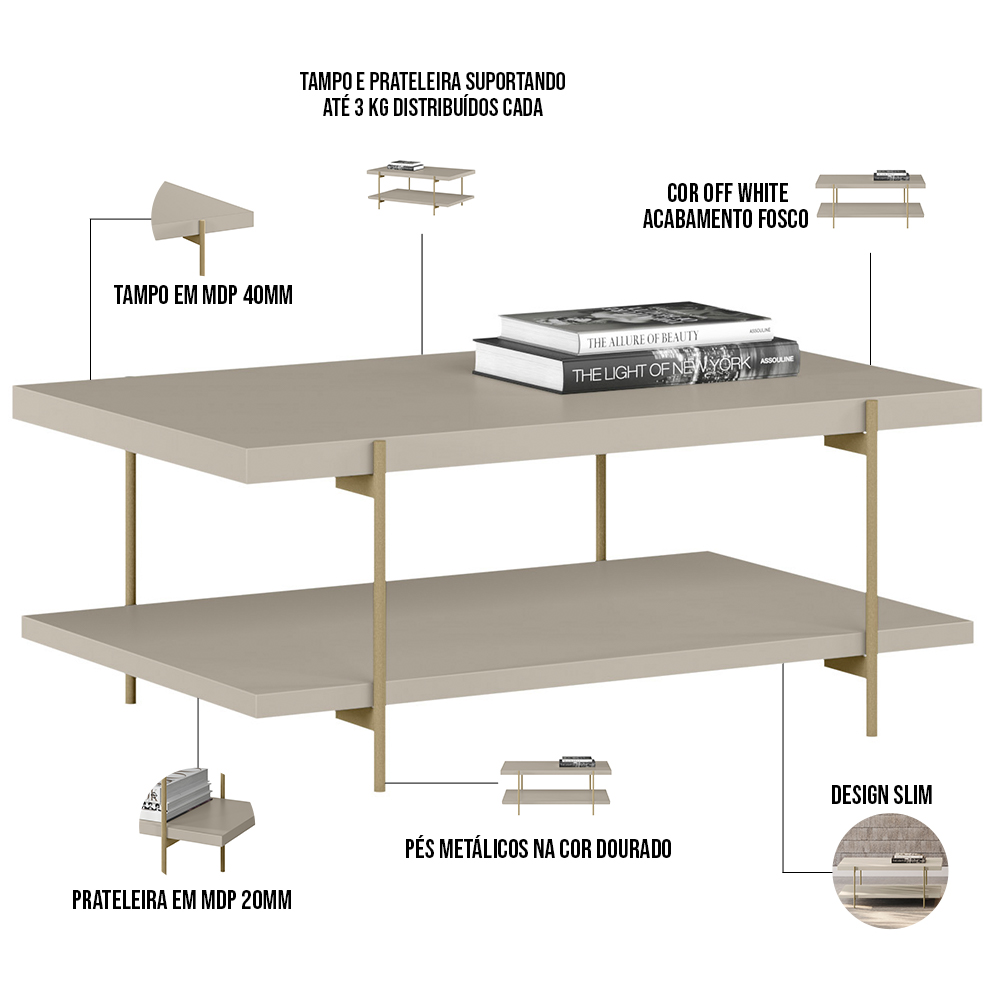 Mesa de Centro Decorativo Para Sala de Estar Industrial Moric L05 Off White Dourado - Lyam Decor