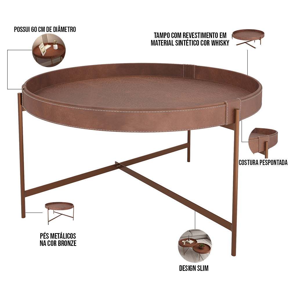 Mesa de Centro Decorativo Sala de Estar 60 cm Industrial Sintético Whisky P06 Aura - Lyam