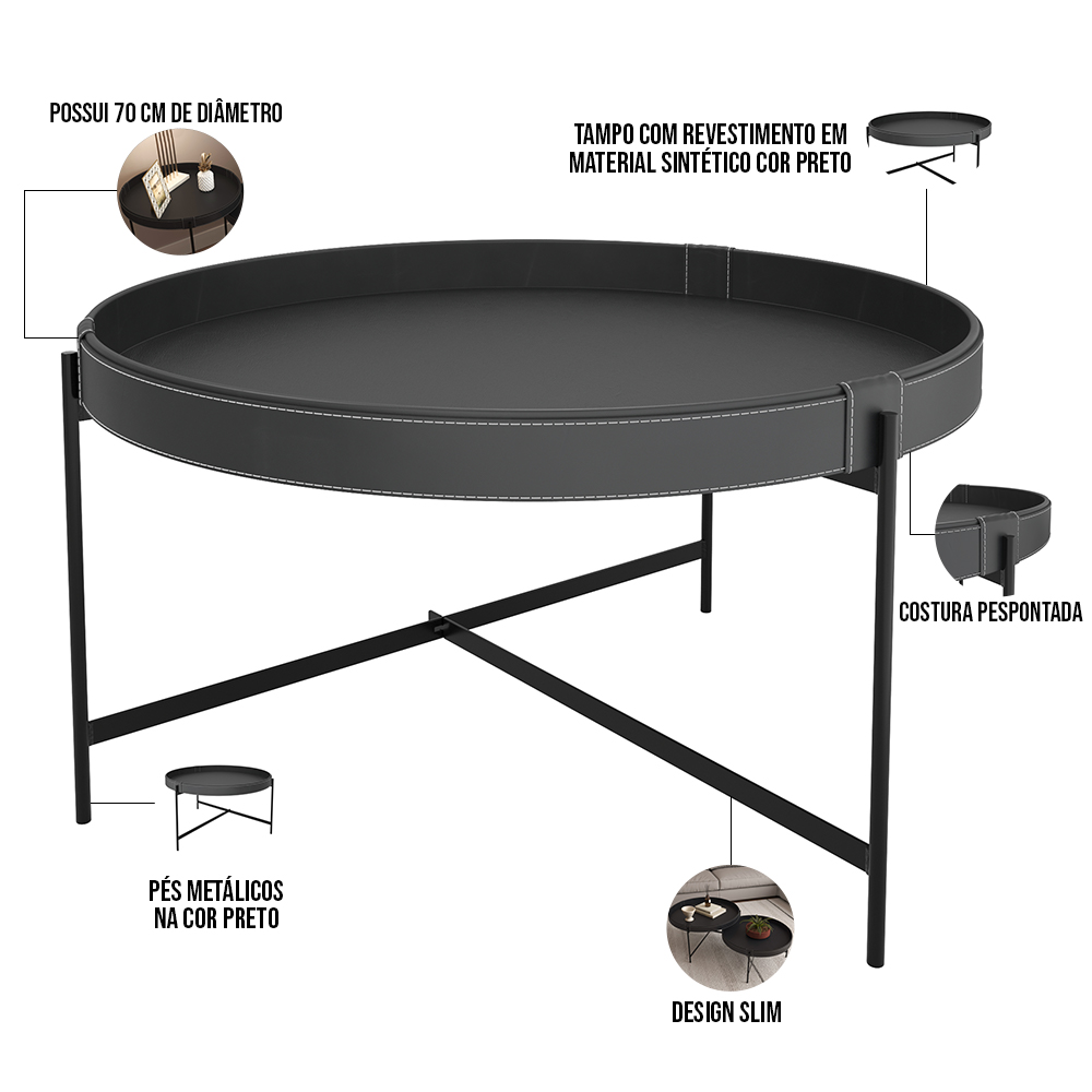 Mesa de Centro Decorativo Sala de Estar 70 cm Industrial Sintético Preto P06 Aura - Lyam