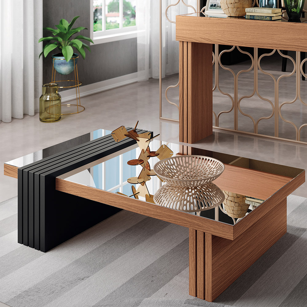 Mesa de Centro Para Sala De Estar Espelhada Lord B01 Nature Preto - Lyam Decor
