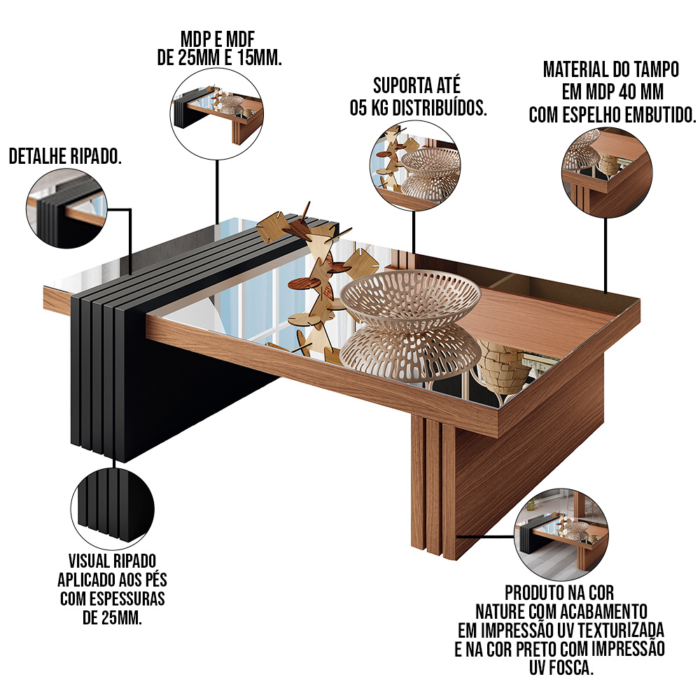 Mesa de Centro Para Sala De Estar Espelhada Lord B01 Nature Preto - Lyam Decor