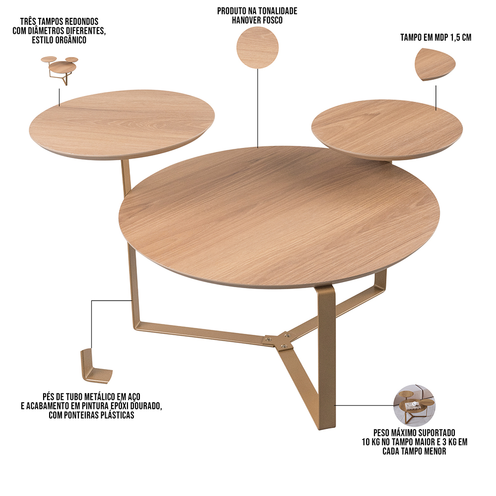 Mesa de Centro Para Sala de Estar 3 em 1 Pés Metálicos Dari A03 Hanover Dourado - Lyam Decor