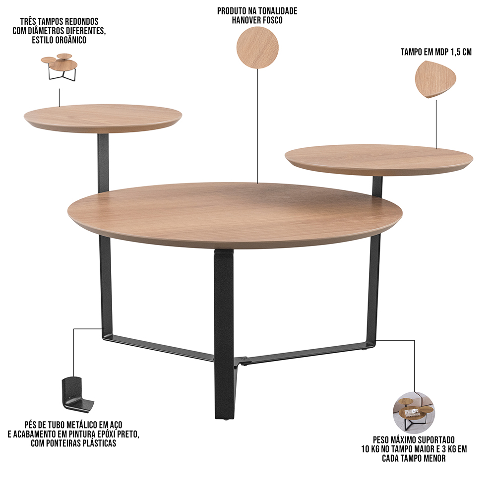 Mesa de Centro Para Sala de Estar 3 em 1 Pés Metálicos Dari A03 Hanover Preto - Lyam Decor