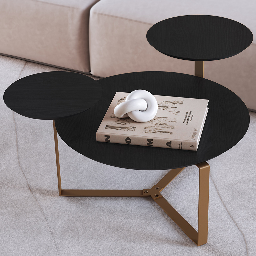 Mesa de Centro Para Sala de Estar 3 em 1 Pés Metálicos Dari A03 Nero Dourado - Lyam Decor