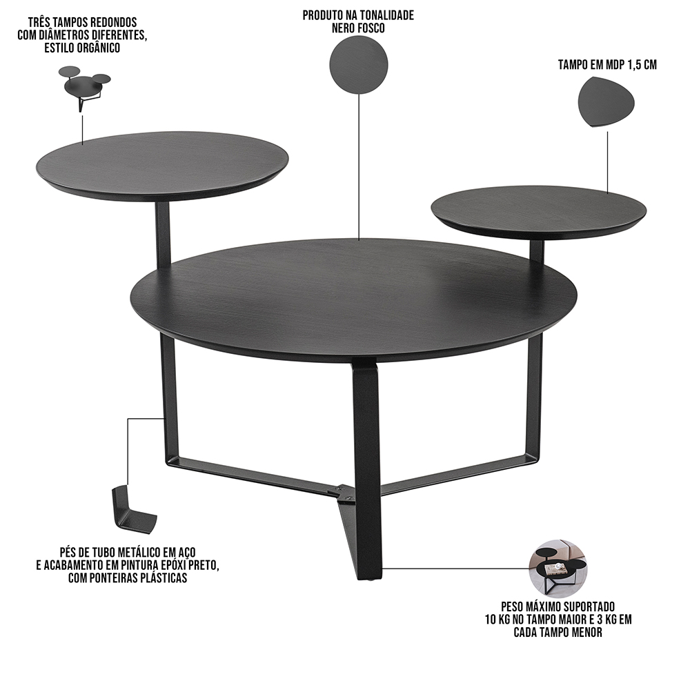 Mesa de Centro Para Sala de Estar 3 em 1 Pés Metálicos Dari A03 Nero Preto - Lyam Decor
