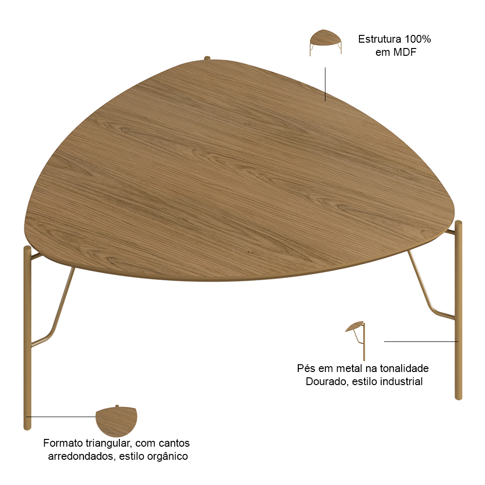 Mesa de Centro Para Sala de Estar Alta Pés Industrial Dourado Alef I03 Louro - Lyam Decor