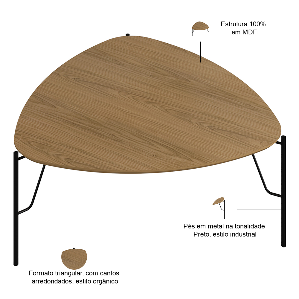 Mesa de Centro Para Sala de Estar Alta Pés Industrial Preto Alef I03 Louro - Lyam Decor