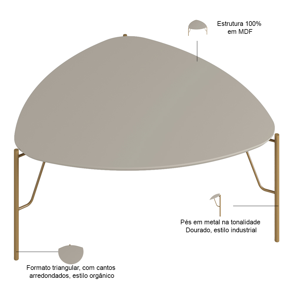 Mesa de Centro Para Sala de Estar Baixa Pés Industrial Dourado Alef I03 Grigio - Lyam Decor