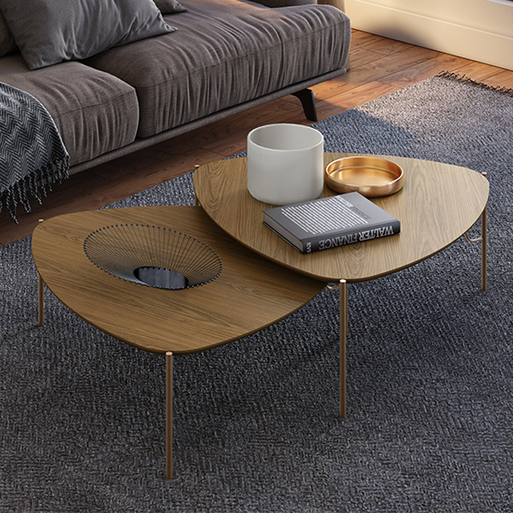 Mesa de Centro Para Sala de Estar Baixa Pés Industrial Dourado Alef I03 Louro - Lyam Decor