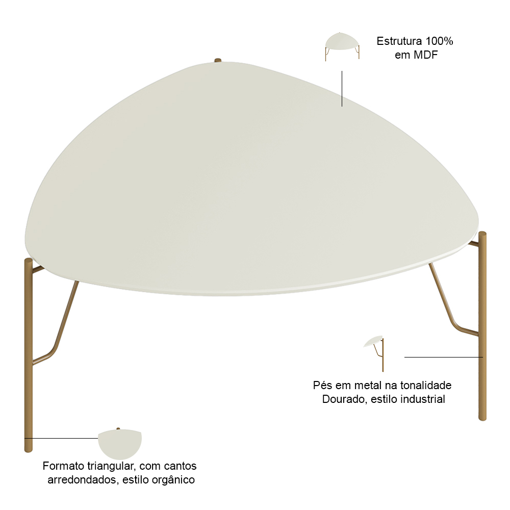 Mesa de Centro Para Sala de Estar Baixa Pés Industrial Dourado Alef I03 Luna - Lyam Decor