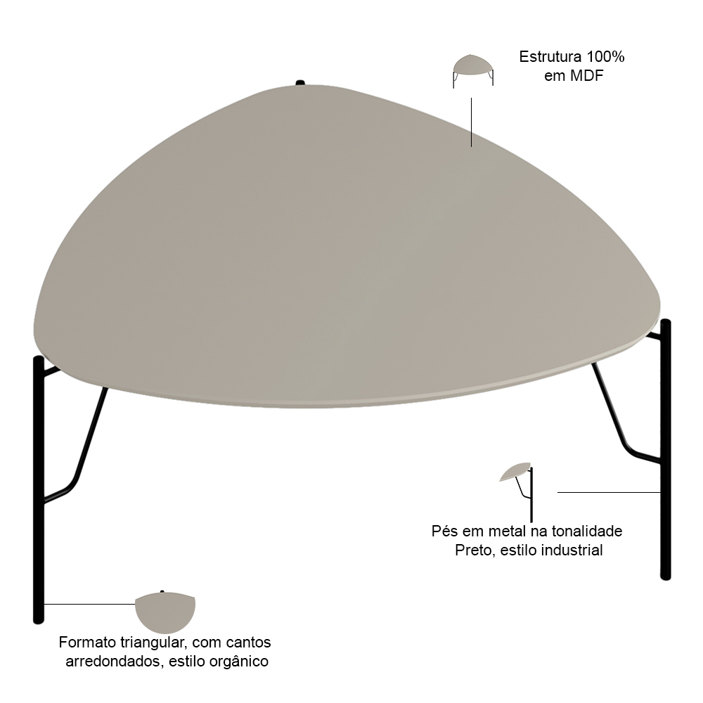 Mesa de Centro Para Sala de Estar Baixa Pés Industrial Preto Alef I03 Grigio - Lyam Decor
