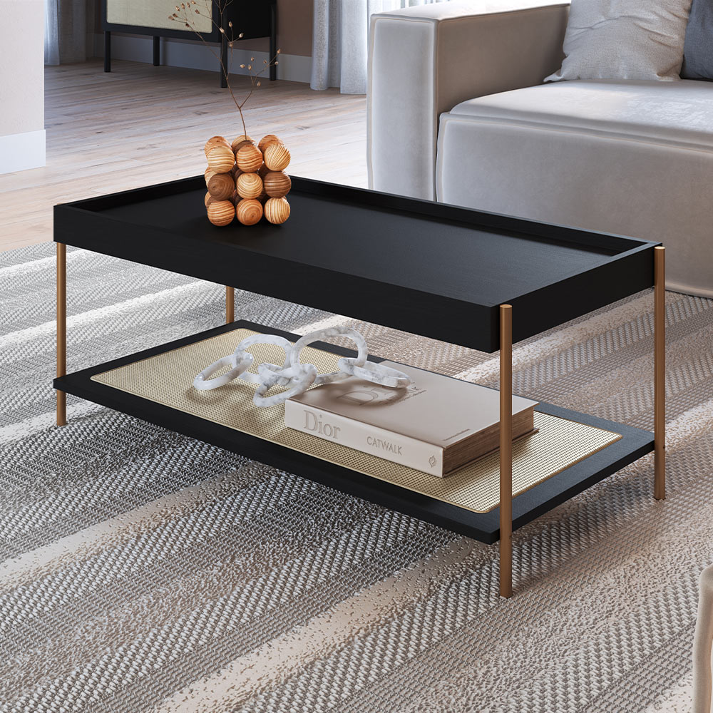 Mesa de Centro Para Sala de Estar Industrial Indy A03 Nero Dourado - Lyam Decor