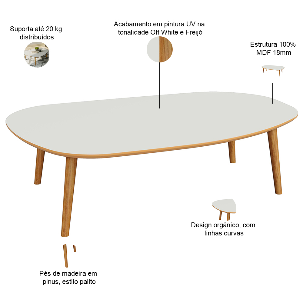 Mesa de Centro Para Sala de Estar Orgânica 90cm Cindy D03 Off White Freijó - Lyam Decor