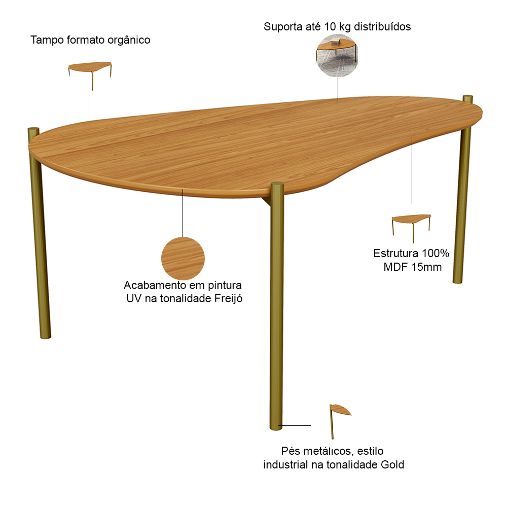 Mesa de Centro Para Sala de Estar Orgânica Industrial 70cm Hagar D03 Freijó - Lyam Decor