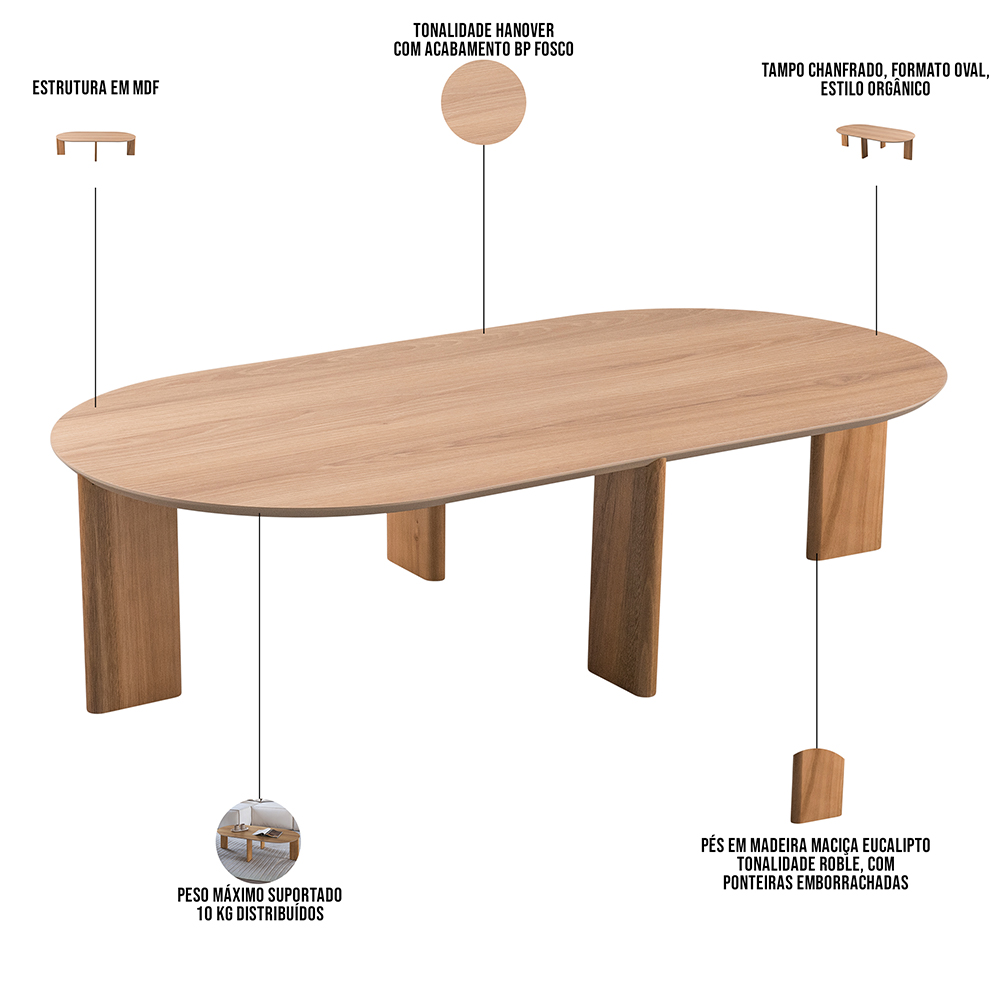 Mesa de Centro Para Sala de Estar Oval Pés Madeira Bulat A03 Hanover Roble - Lyam Decor