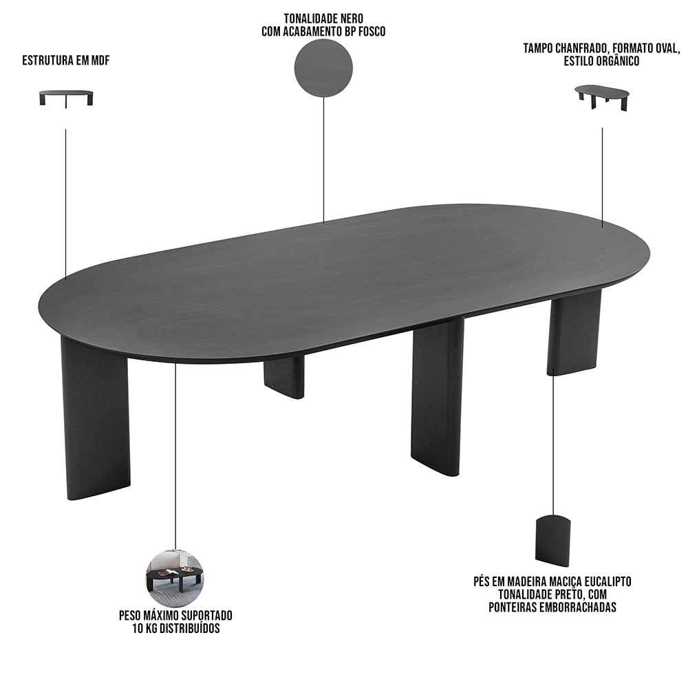Mesa de Centro Para Sala de Estar Oval Pés Madeira Bulat A03 Nero Preto - Lyam Decor