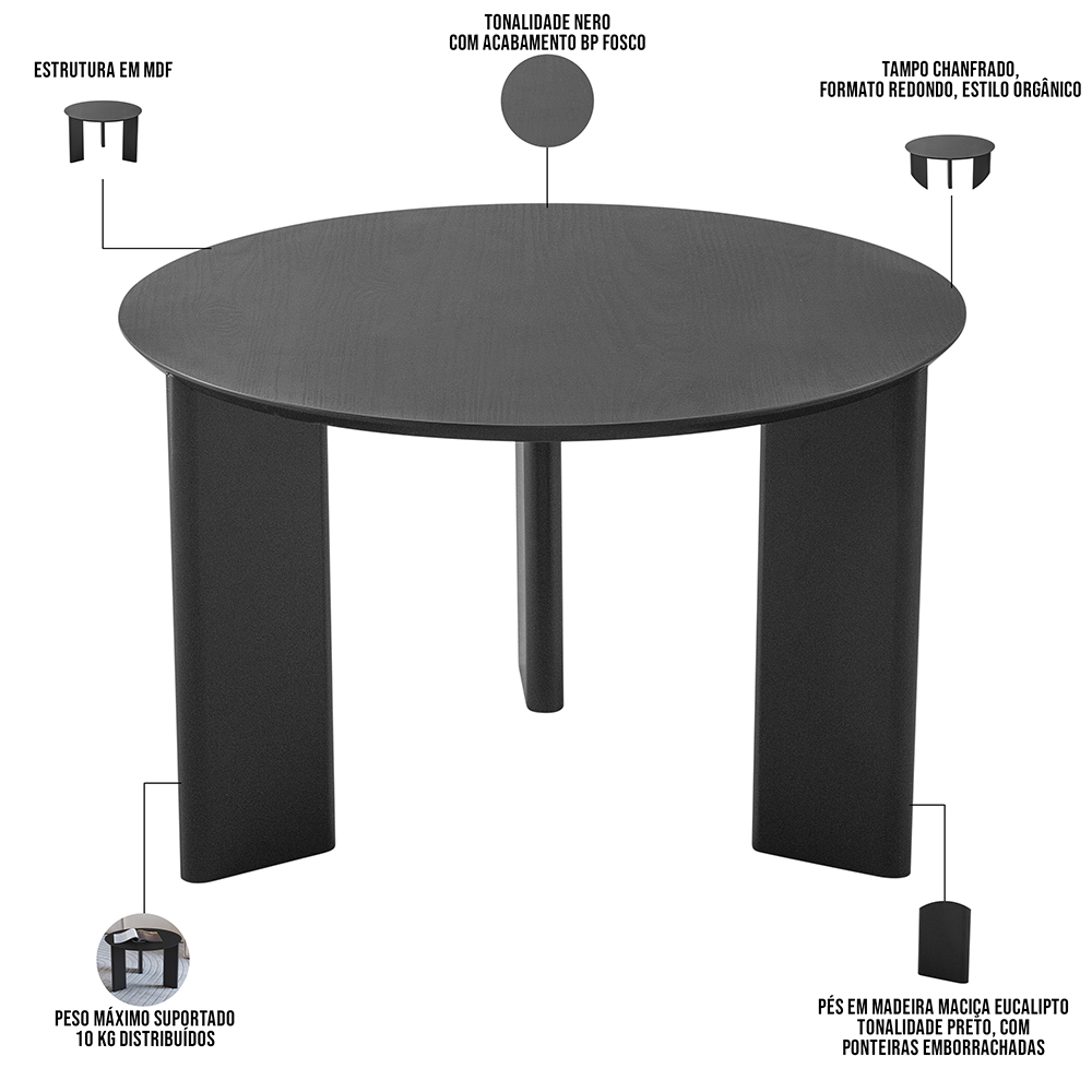 Mesa de Centro Para Sala de Estar Pés Madeira Alta Bulat A03 Nero Preto - Lyam Decor