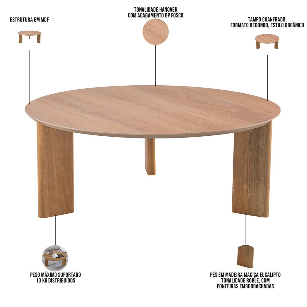 Mesa de Centro Para Sala de Estar Pés Madeira Baixa Bulat A03 Hanover Roble - Lyam Decor