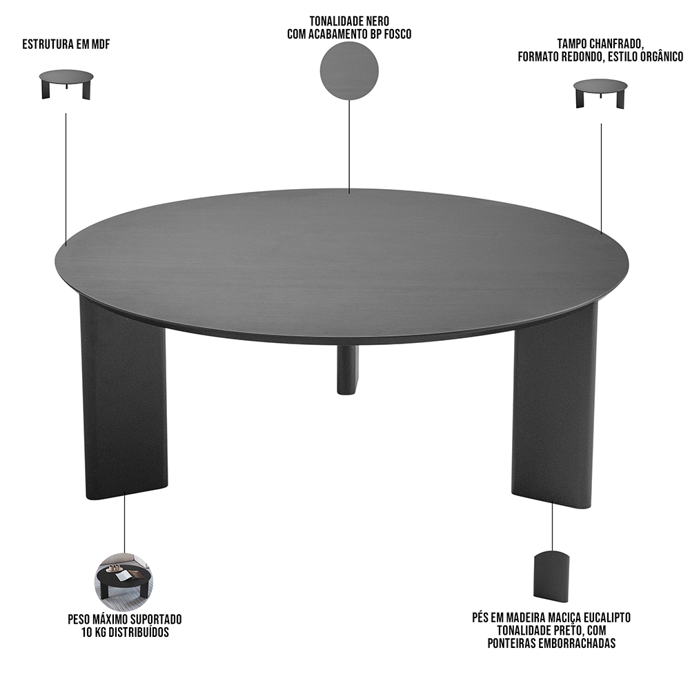 Mesa de Centro Para Sala de Estar Pés Madeira Baixa Bulat A03 Nero Preto - Lyam Decor