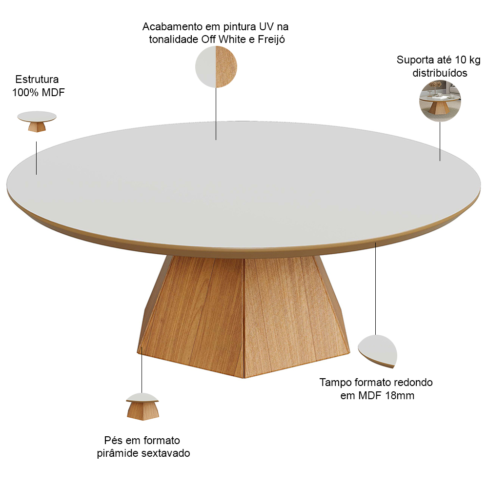 Mesa de Centro Para Sala de Estar Redonda 90cm Seul D03 Off White Freijó - Lyam Decor