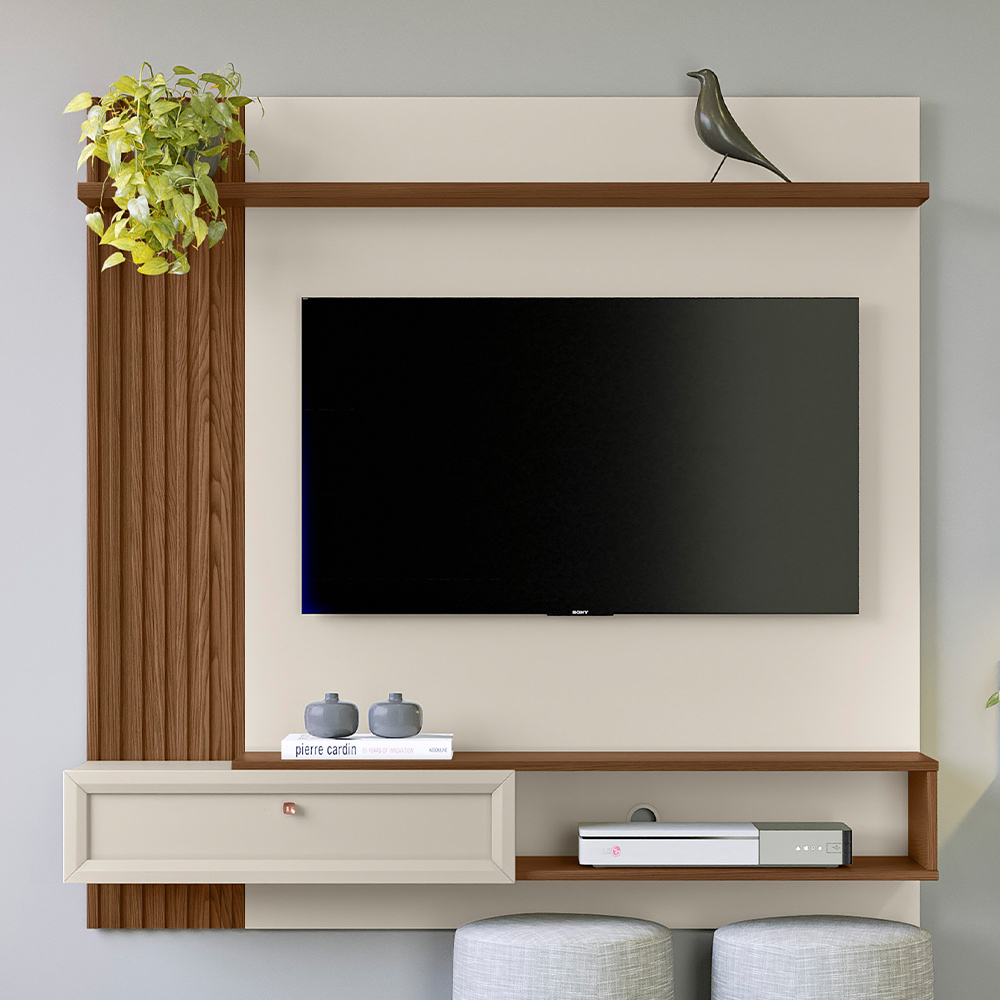 Painel Para TV 55 Pol Com Bancada Suspensa Sollare L05 Freijó Off White - Lyam Decor