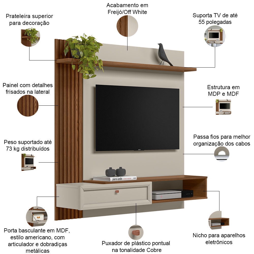 Painel Para TV 55 Pol Com Bancada Suspensa Sollare L05 Freijó Off White - Lyam Decor