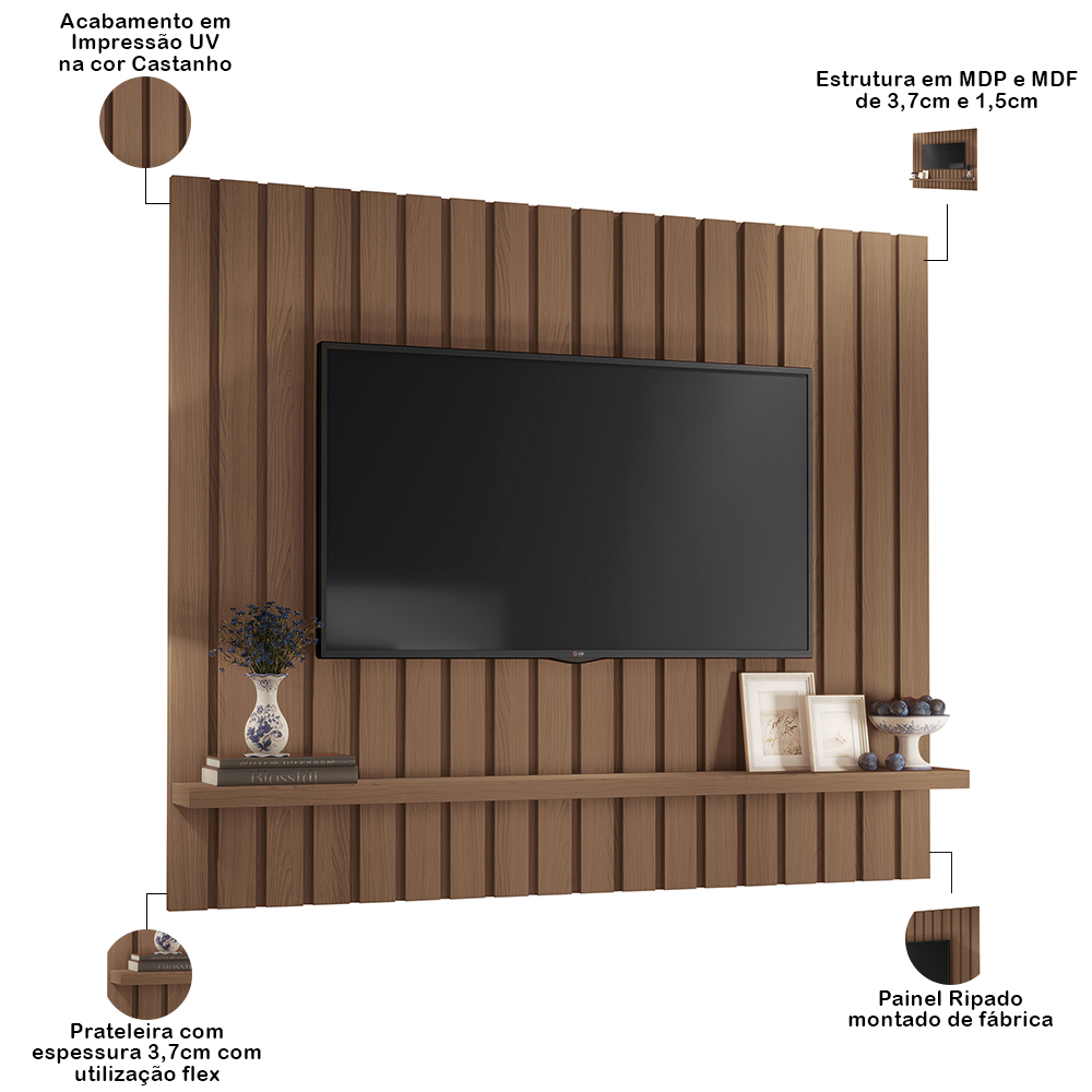 Painel Para TV 60 Pol Ripado 160cm Conect B01 Castanho - Lyam Decor