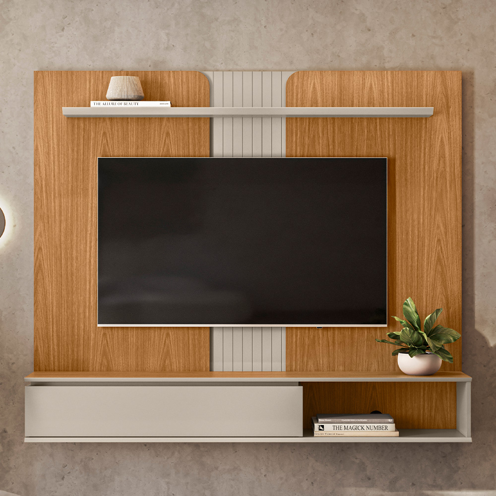 Painel Para TV 65 Pol Com Bancada Suspensa New L05 Nature Off White - Lyam Decor