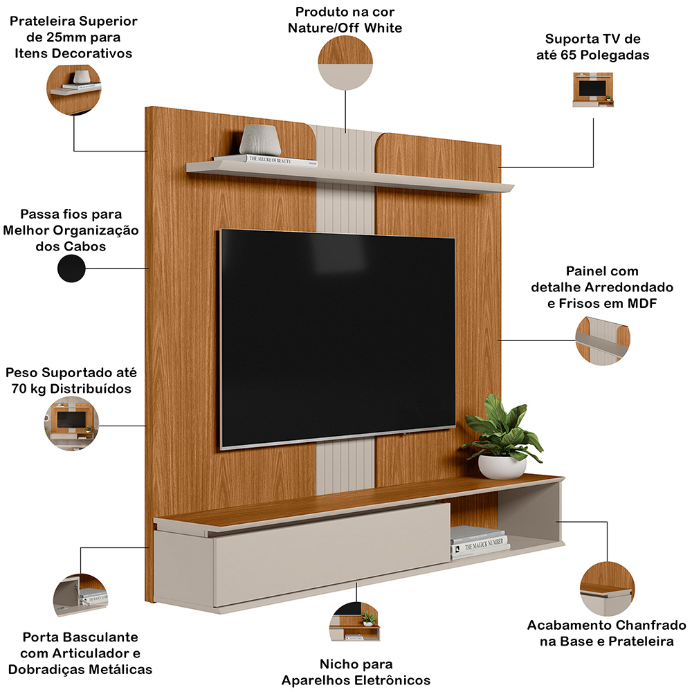 Painel Para TV 65 Pol Com Bancada Suspensa New L05 Nature Off White - Lyam Decor