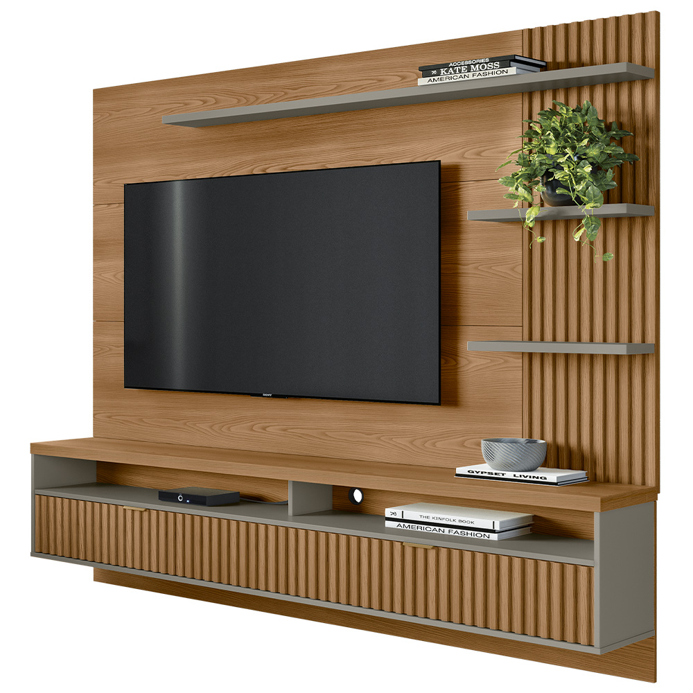 Painel Para TV 65 Pol Com Bancada Suspensa Zemo L05 Amêndoa Titanio - Lyam Decor