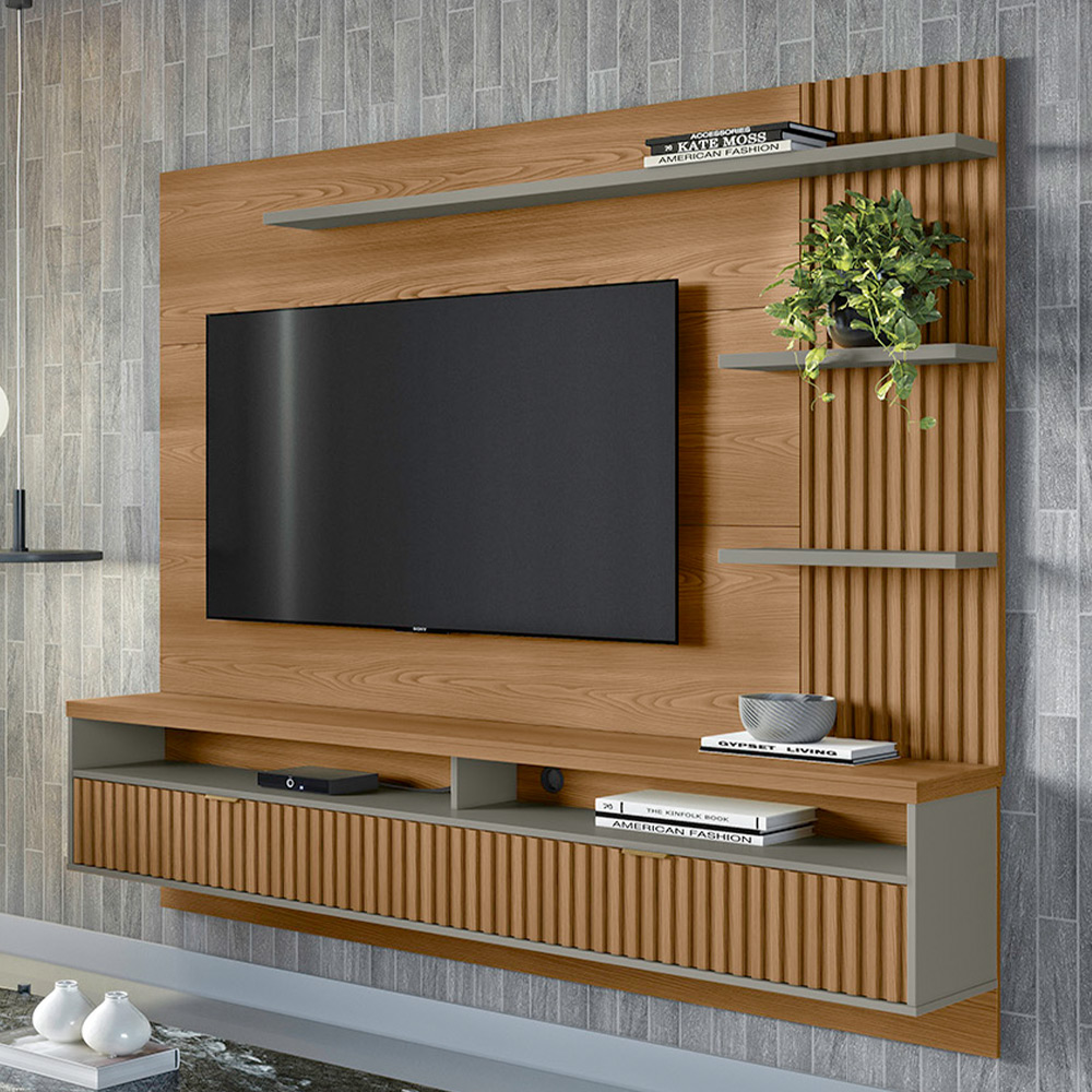 Painel Para TV 65 Pol Com Bancada Suspensa Zemo L05 Amêndoa Titanio - Lyam Decor