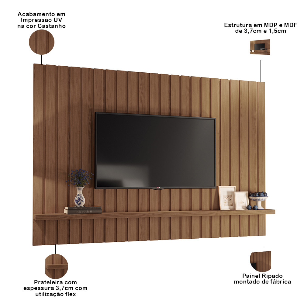 Painel Para TV 70 Pol Ripado 200cm Conect B01 Castanho - Lyam Decor