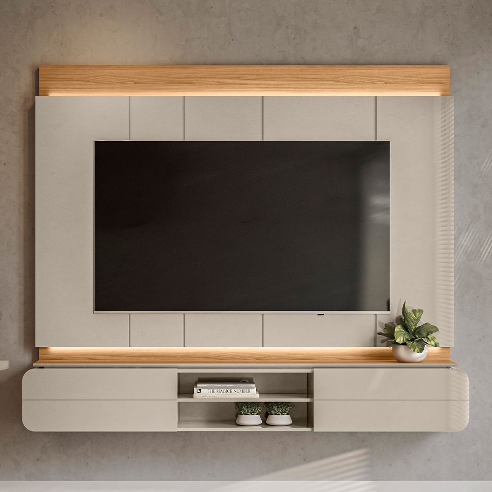 Painel Para TV 75 Pol Com Bancada Suspensa Suíça L05 Tauari Off White Brilho - Lyam Decor
