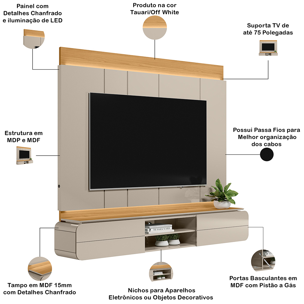 Painel Para TV 75 Pol Com Bancada Suspensa Suíça L05 Tauari Off White Brilho - Lyam Decor