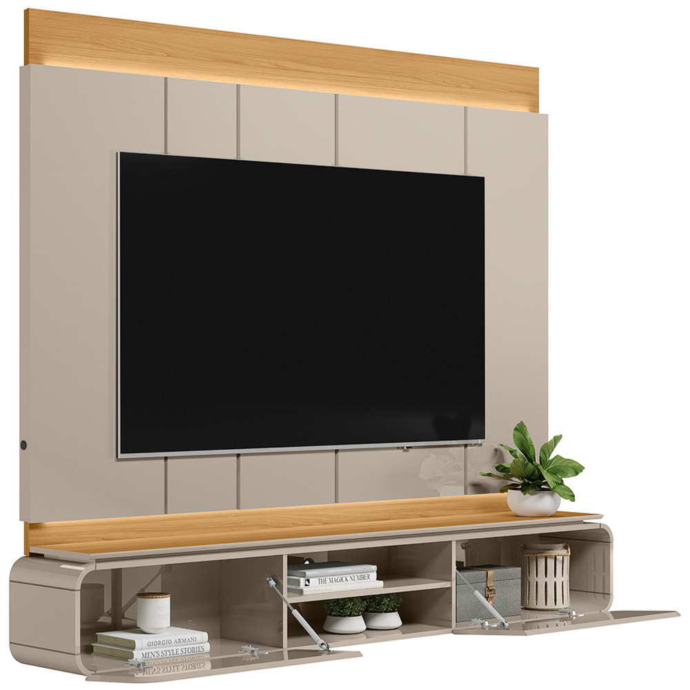 Painel Para TV 75 Pol Com Bancada Suspensa Suíça L05 Tauari Off White Brilho - Lyam Decor