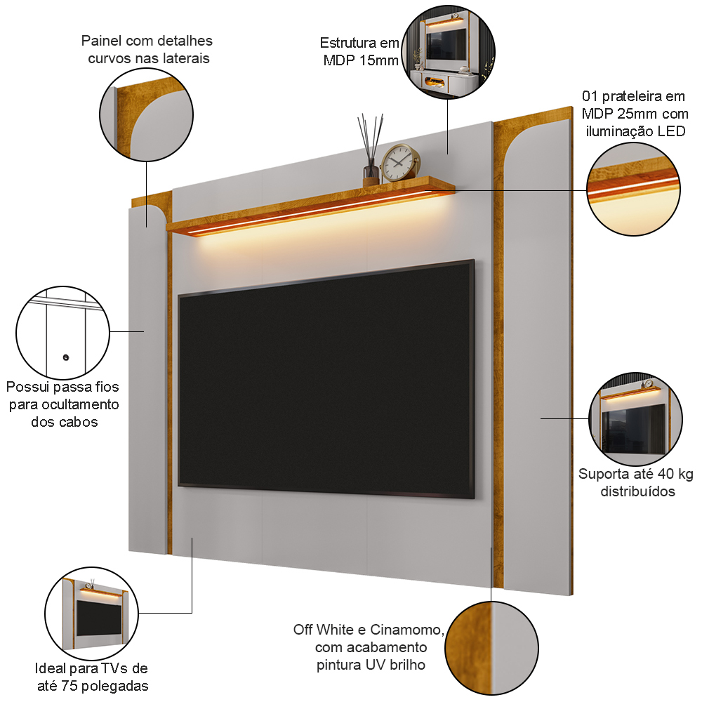 Painel Para TV 75 Pol Com LED 180cm Maresca B02 Off White Naturalle - Lyam Decor