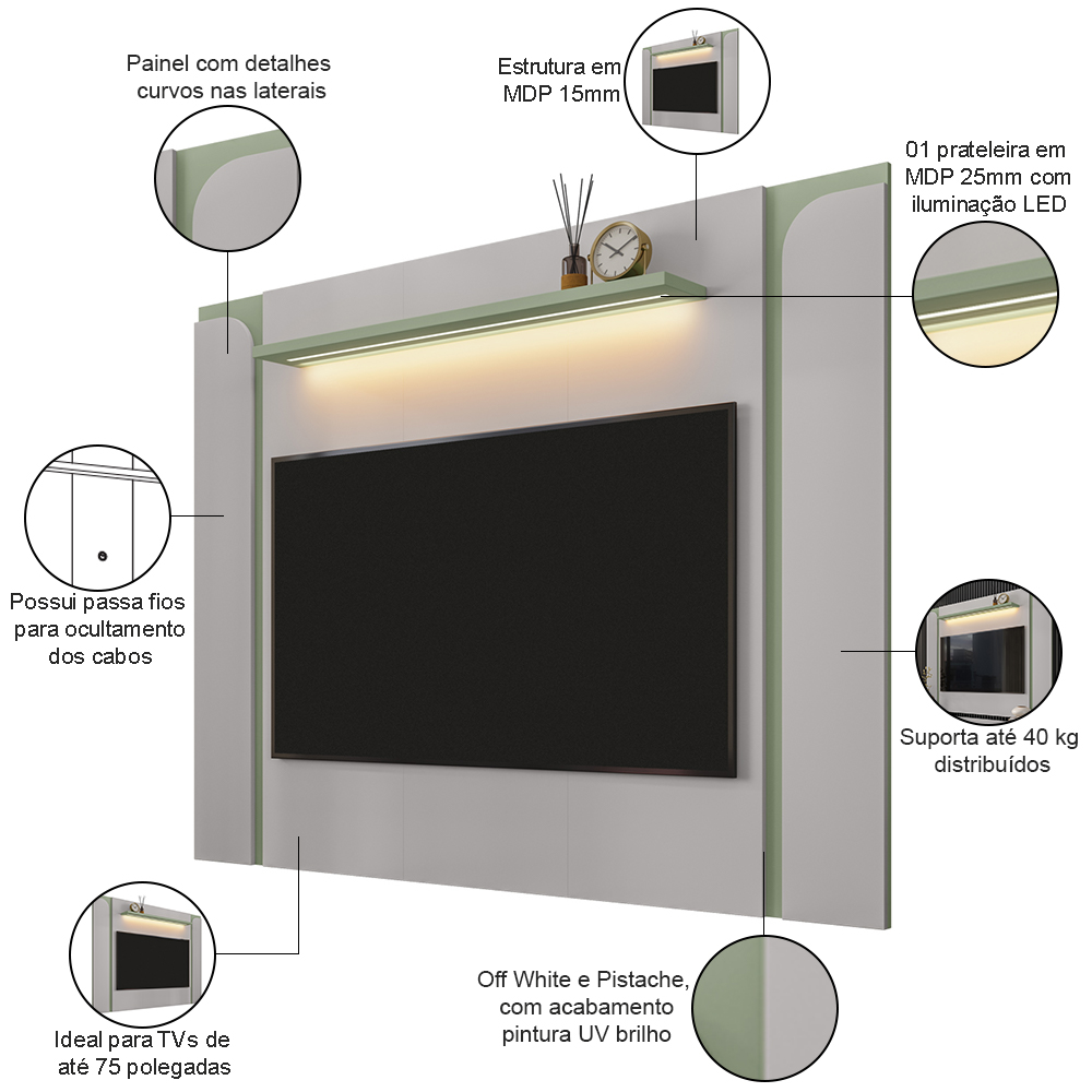 Painel Para TV 75 Pol Com LED 180cm Maresca B02 Off White Pistache - Lyam Decor