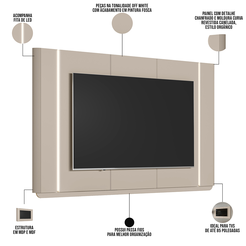 Painel Para TV 75 Pol Com LED 240cm Elysia L05 Off White Fosco - Lyam Decor