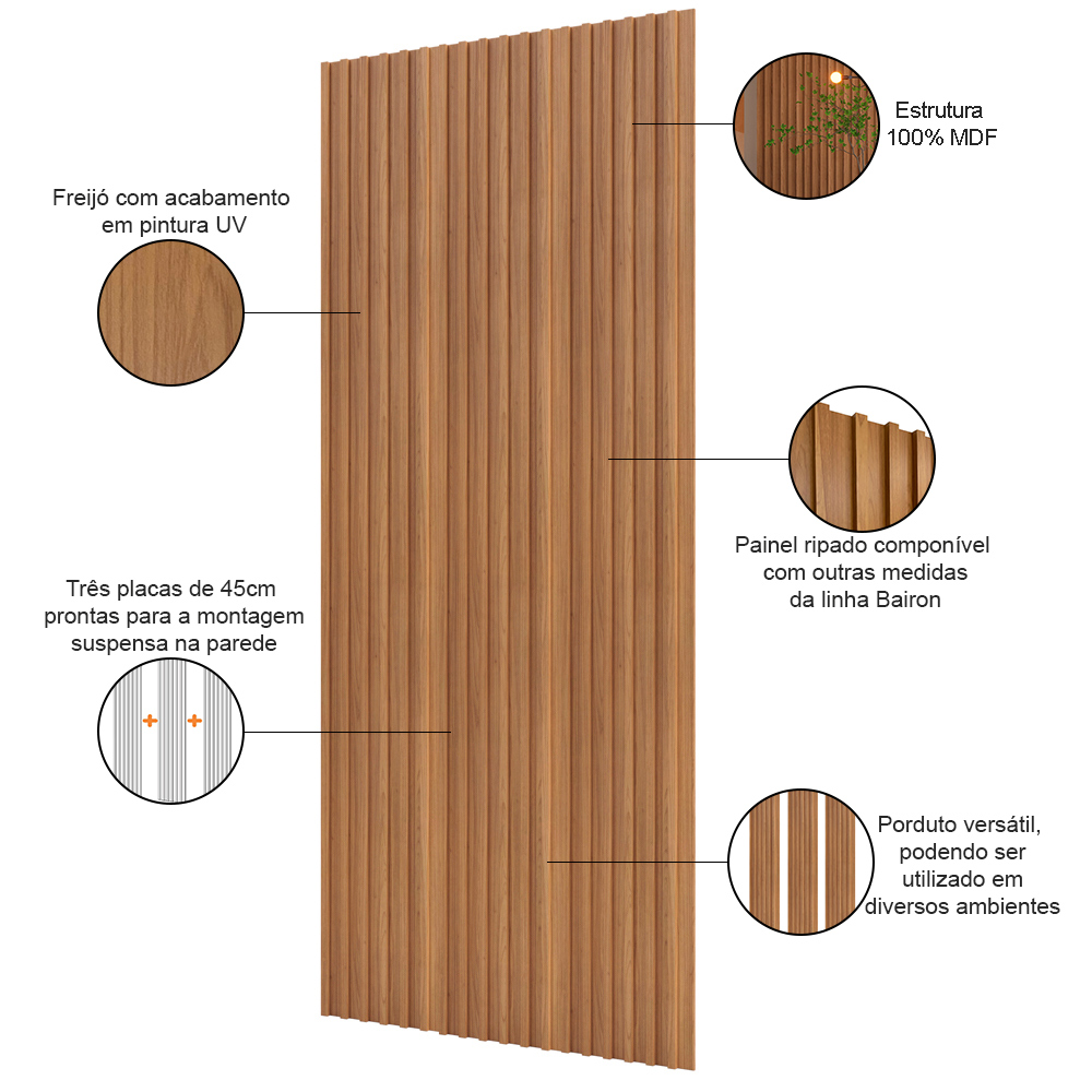 Painel Ripado de Madeira Para Sala Quarto 134x250cm Bairon D03 Freijó - Lyam Decor