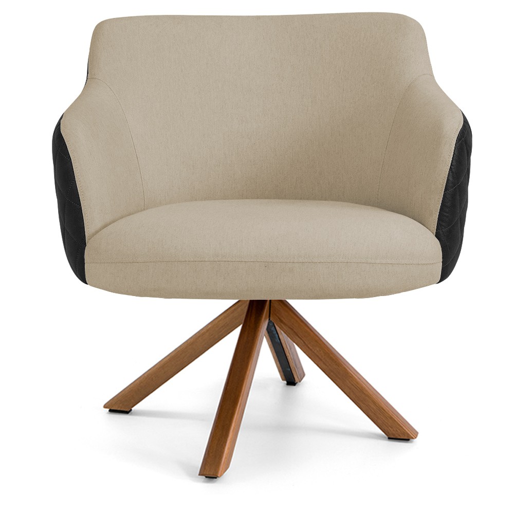 Poltrona Base Giratória de Madeira Jade D02 Linho Bege C-129 Tressê Corano Preto - Lyam Decor