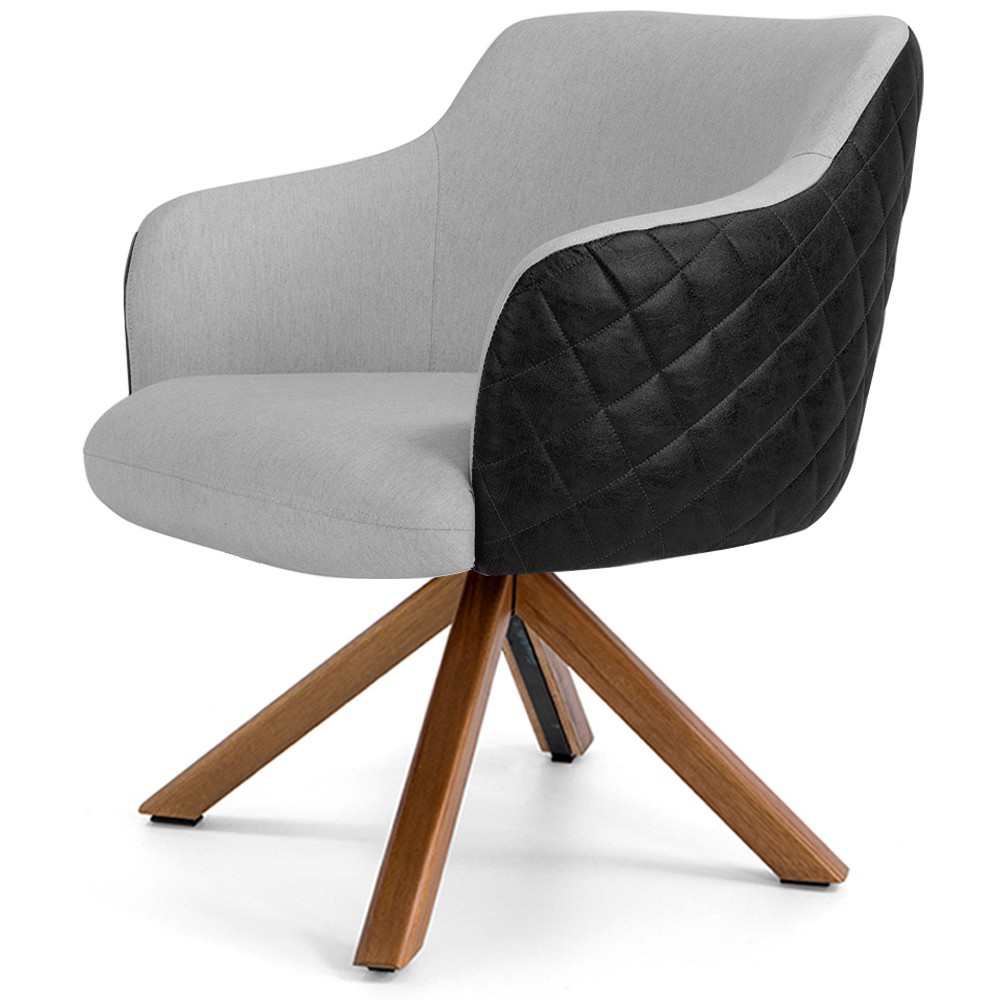 Poltrona Base Giratória de Madeira Jade D02 Linho Cinza D-315 Tressê Corano Preto - Lyam Decor