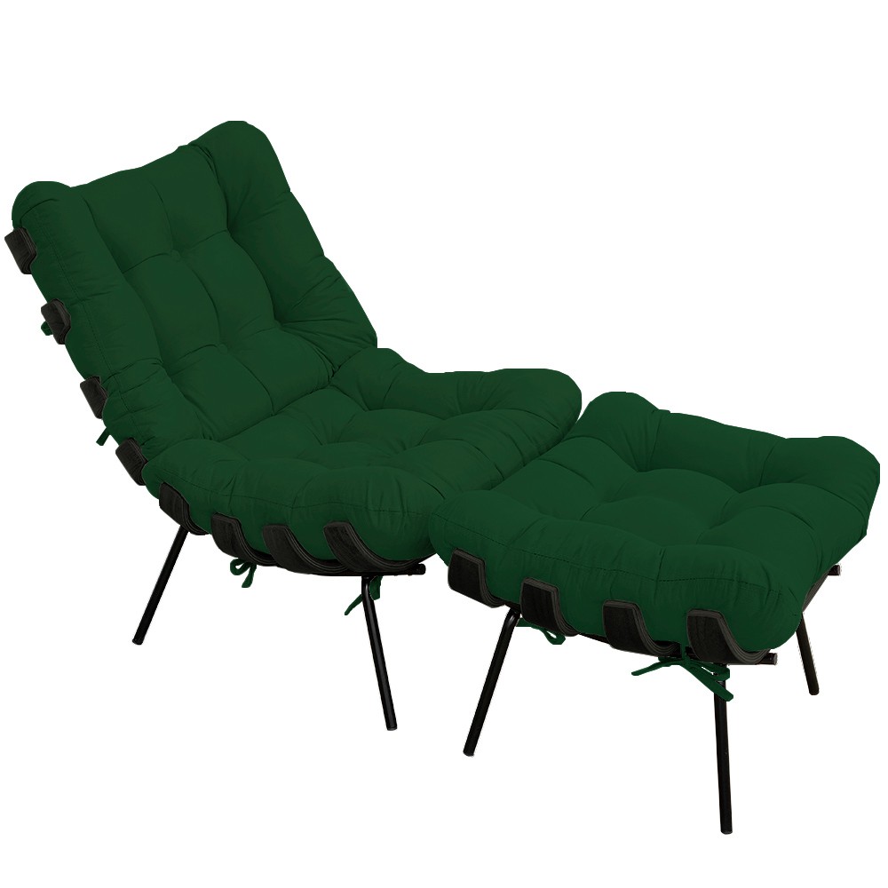 Poltrona Costela Preto L02 com Puff Sala de Estar Suede Verde Musgo - Lyam Decor