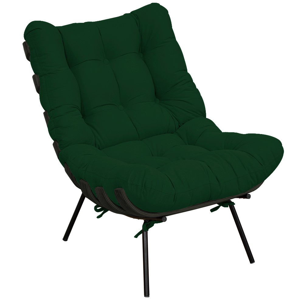 Poltrona Costela Preto L02 com Puff Sala de Estar Suede Verde Musgo - Lyam Decor