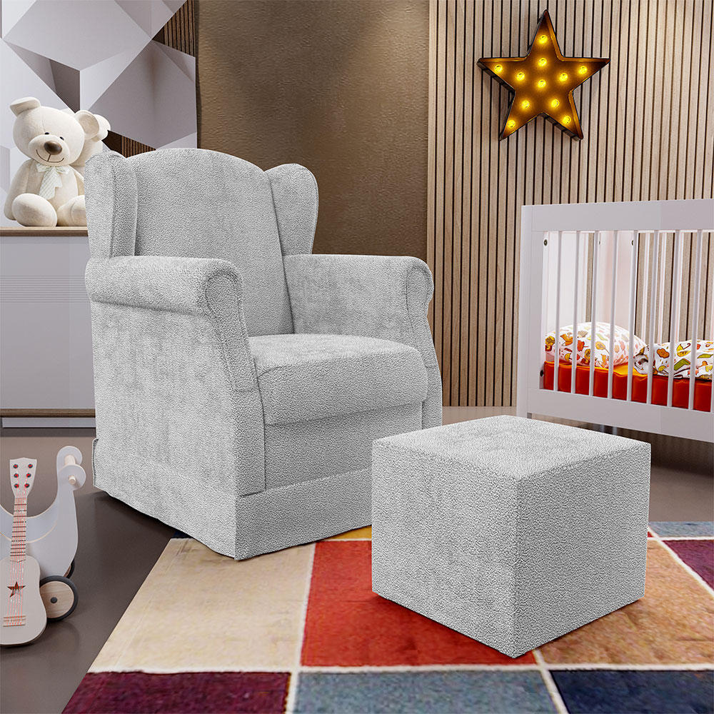 Poltrona De Amamentação Com Balanço E Puff Elisa P02 Bouclê Cinza - Lyam Decor