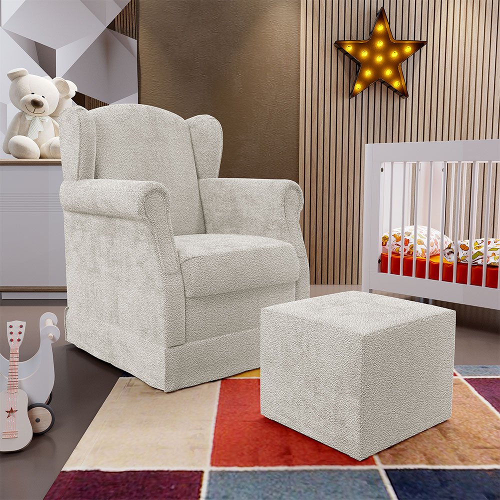 Poltrona De Amamentação Com Balanço E Puff Elisa P02 Bouclê Creme - Lyam Decor