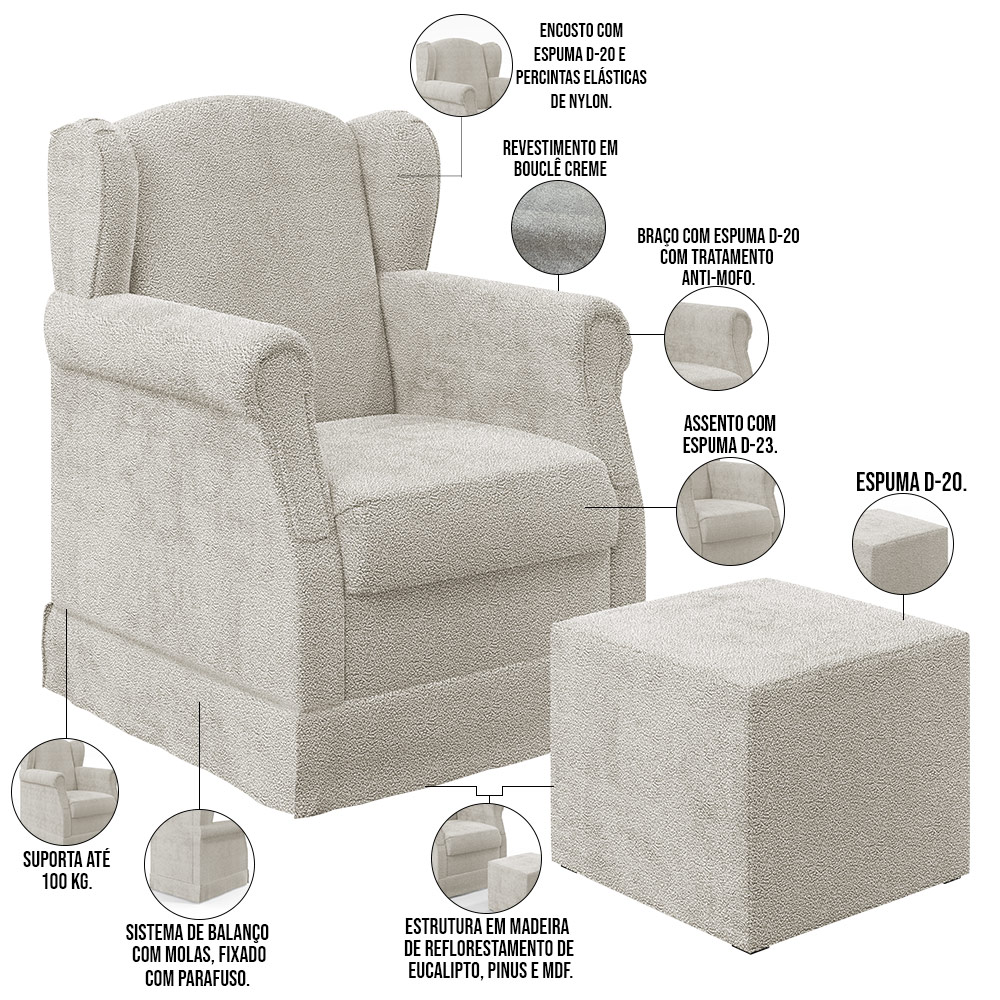 Poltrona De Amamentação Com Balanço E Puff Elisa P02 Bouclê Creme - Lyam Decor