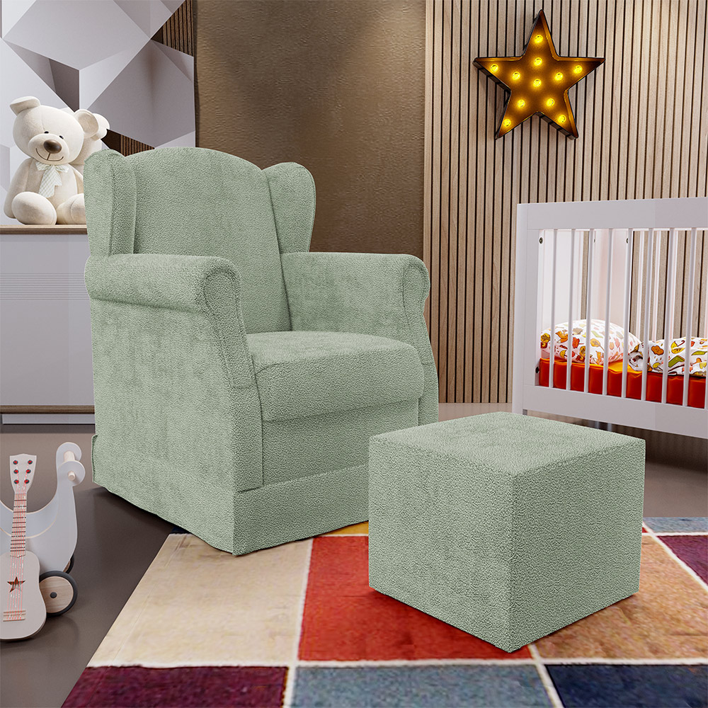 Poltrona De Amamentação Com Balanço E Puff Elisa P02 Bouclê Oliva - Lyam Decor
