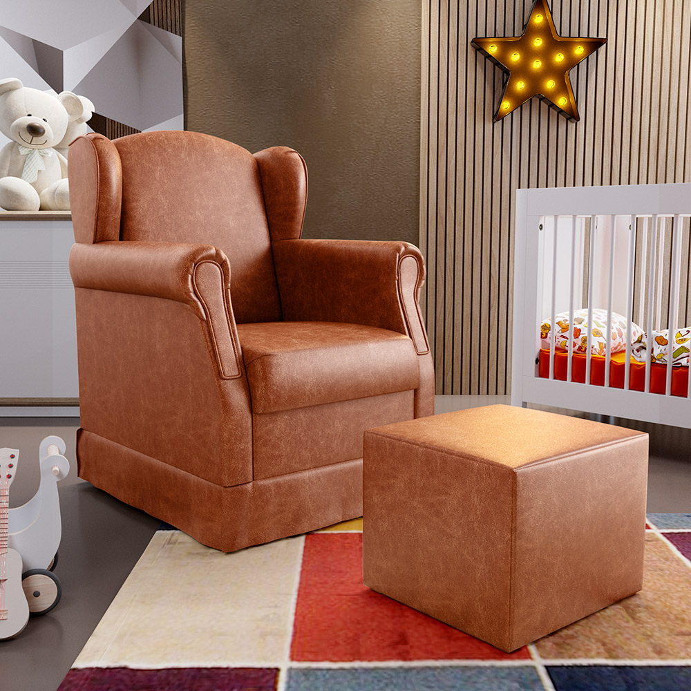 Poltrona De Amamentação Com Balanço E Puff Elisa P02 Couríssimo Camel - Lyam Decor